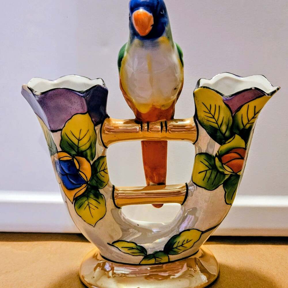 Vintage Hand-Painted Art Deco Parrot Double Spill Vase Japan 1920-1930s As is